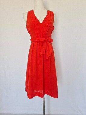 NWT J.Crew Elinor Tie-Waist V-Neck Dress Sleeveless Cotton Linen Red-Orange